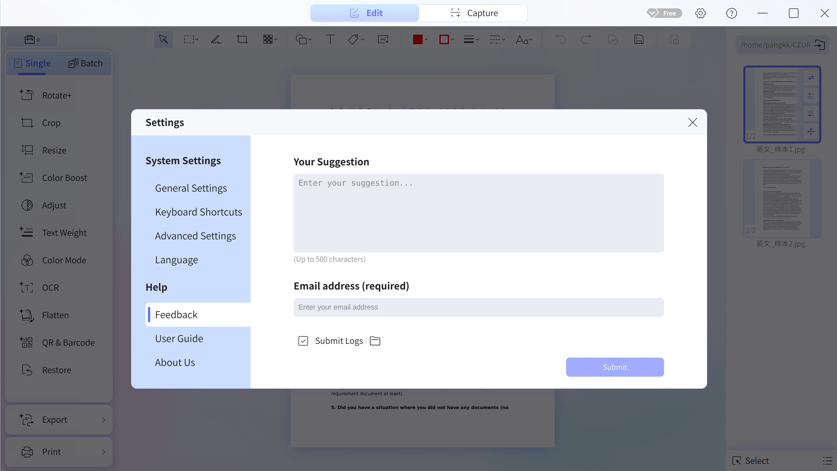 CZUR Image+ Settings → Help → Feedback, showing the suggestion, required email address, Submit Logs checkbox, and Submit button